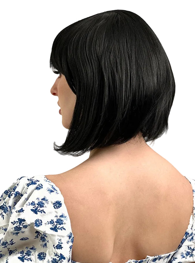 Ally Short Black Bob Heat Resistant Wig with Fringe - Back Image