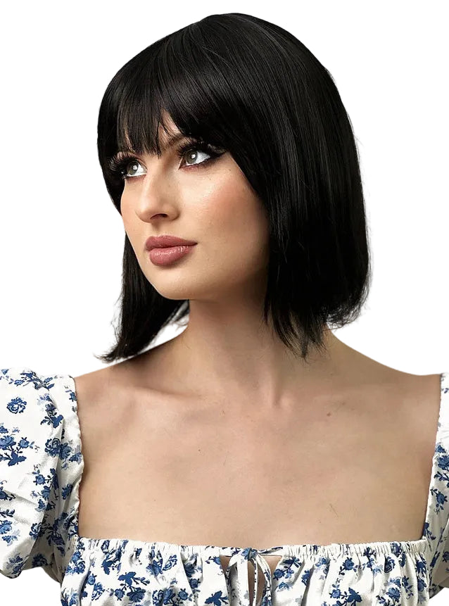 Ally Short Black Bob Heat Resistant Wig with Fringe - Main Image