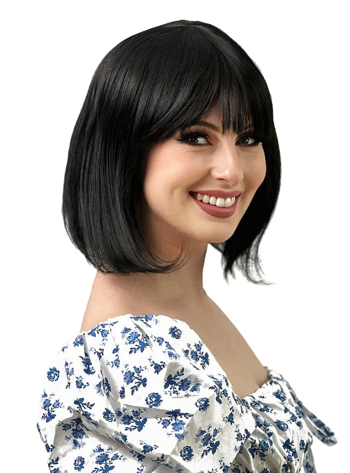 Ally Short Black Bob Heat Resistant Wig with Fringe - Side Image