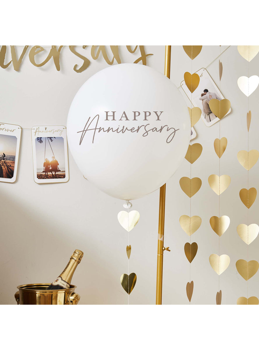 Anniversary White 45cm Latex Balloon With Gold Hearts — Lifestyle Image