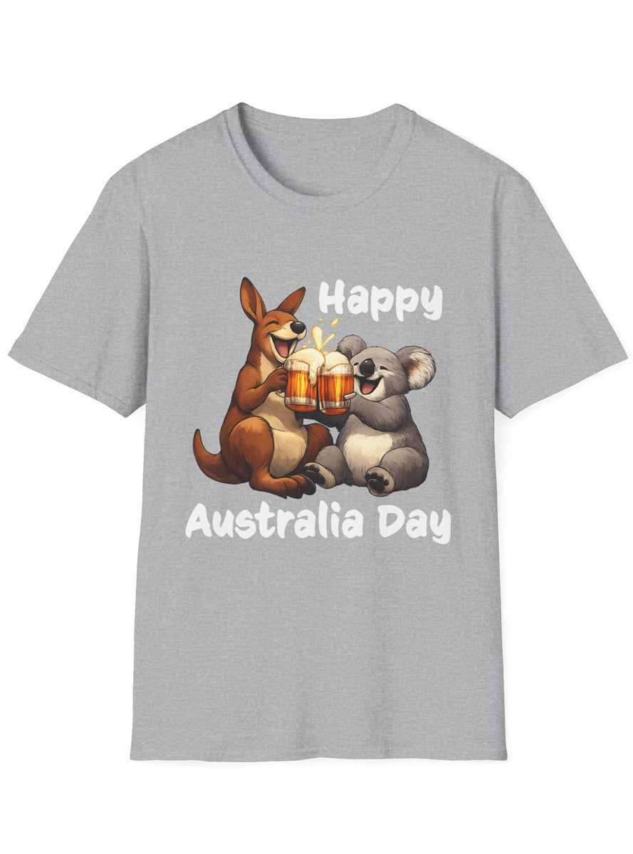 Adults Grey T-Shirt with Australia Day Beer Drinking Kangaroo and Koala Print
