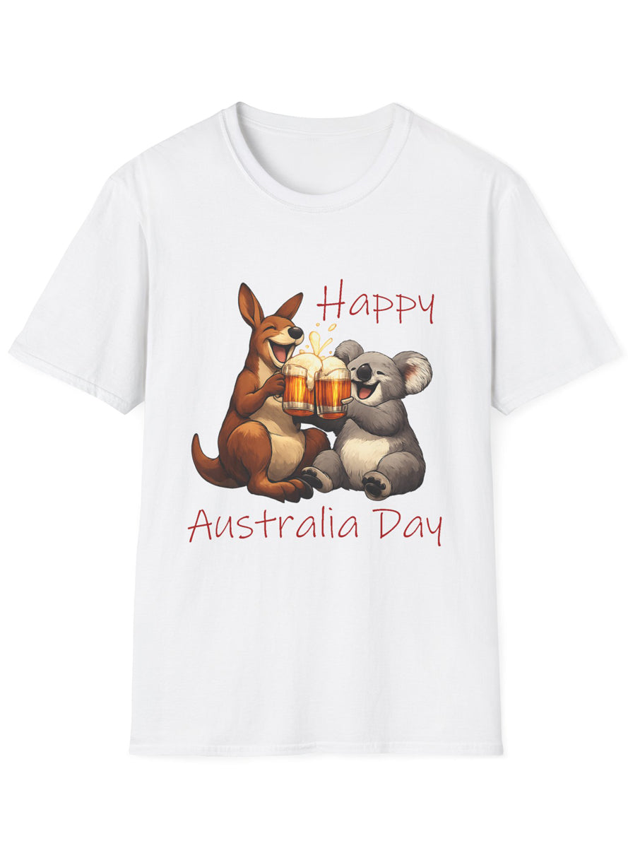 Adults Plus Size White T-Shirt with Australia Day Beer Drinking Kangaroo and Koala Print