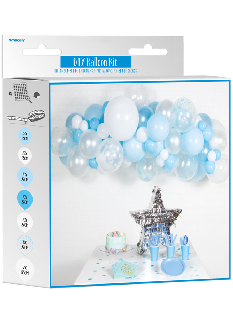 blue and white balloon arch do it yourself kit - packaging image