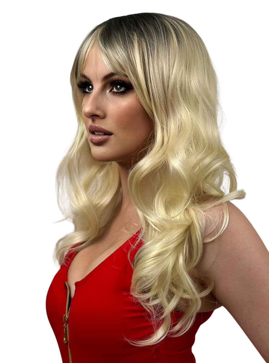 Beach Bombshell Womens Blonde Wavy Wig with Dark Roots and Fringe - Side Image