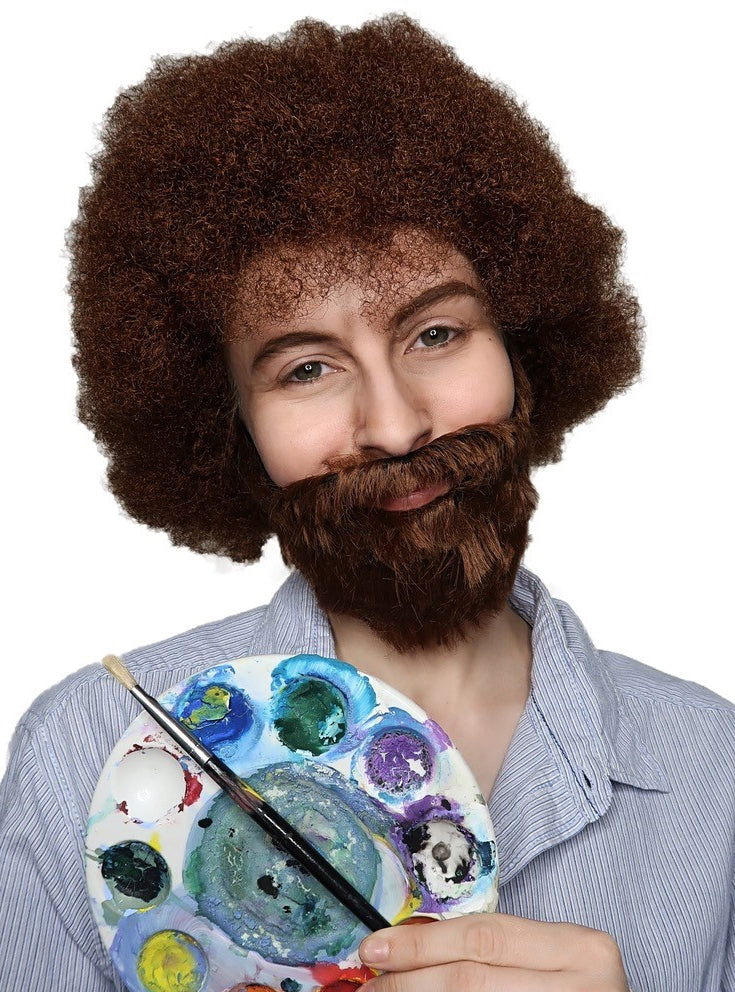 Bearded Painter Mens Brown Afro Costume Wig and Beard Set - Main Image