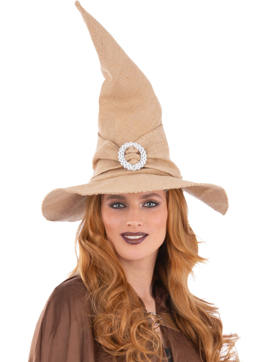 Womens Beige Burlap Fabric Halloween Witch Hat - Main Image