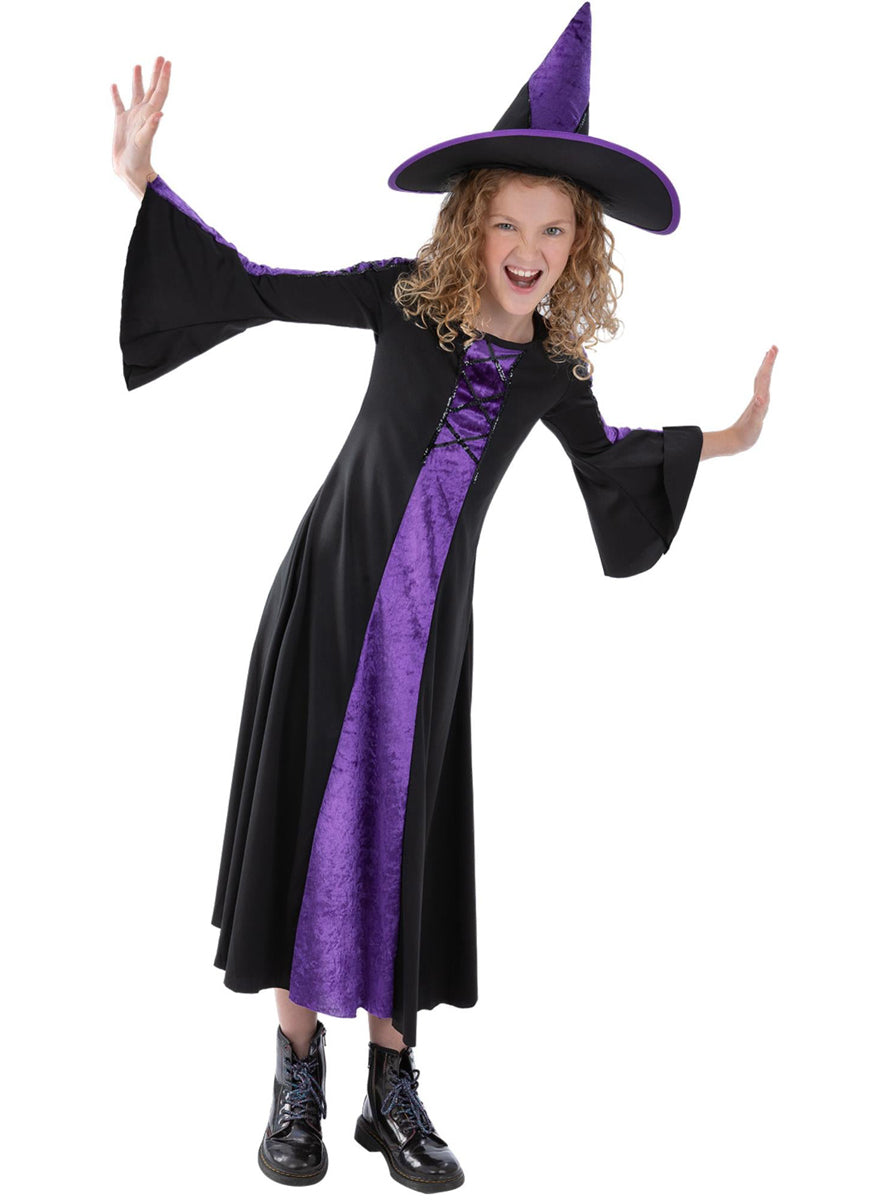 Girls Purple And Black Witch Halloween Costume - Alternative Image
