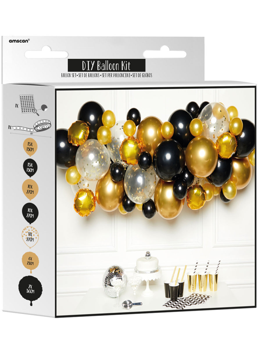 black and gold balloon arch do it yourself kit - packaging image