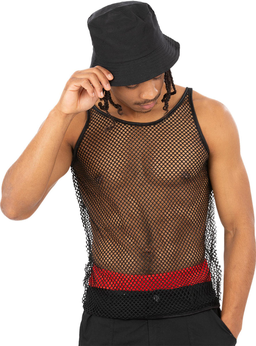 Black 1990s Fishnet Tank Top for Men - Main Image