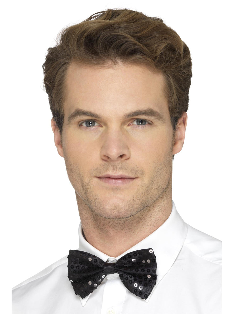 Adults Black Sequin Bow Tie Accessory - Main Image
