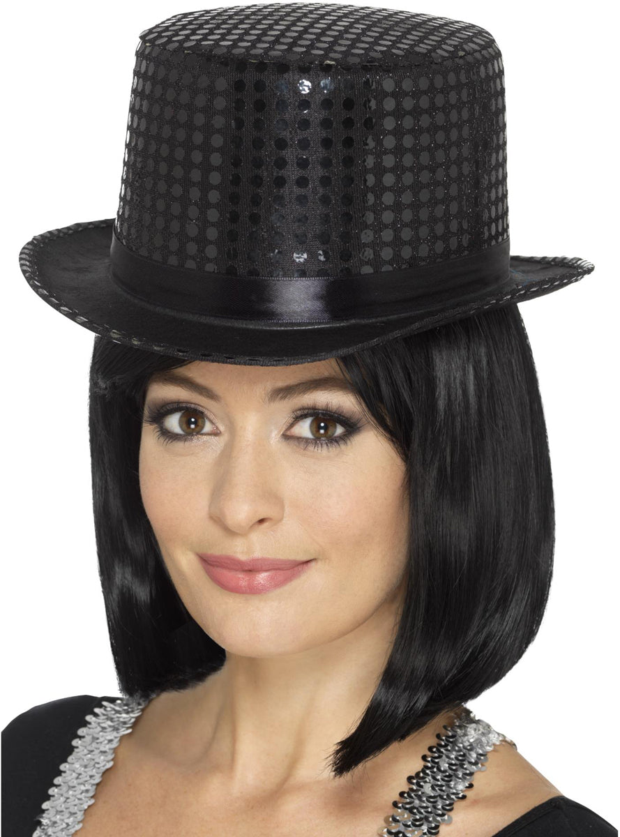 Sparkly Black Sequin Adults Top Hat - Alternate Image
