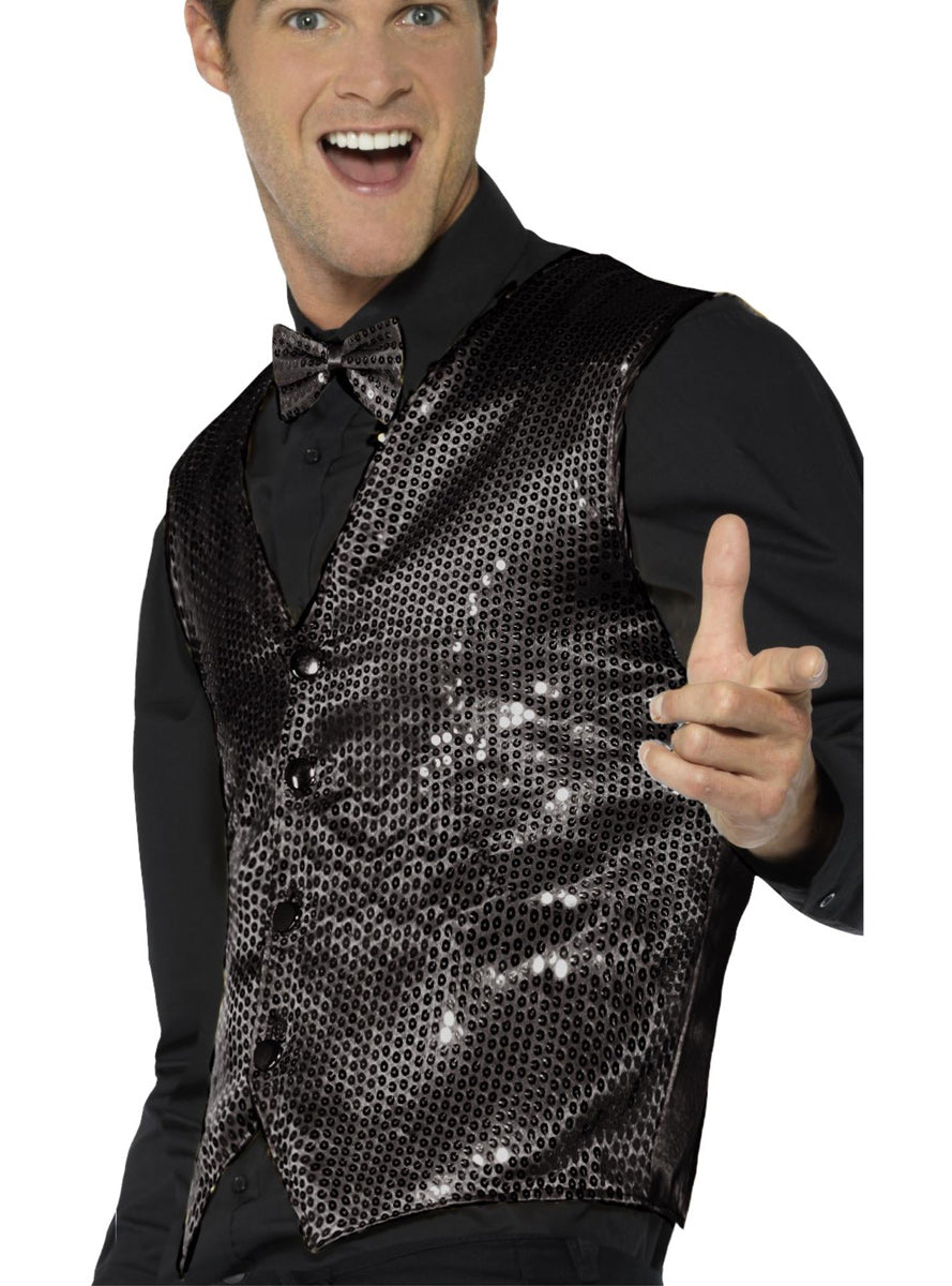 Black Sequined Mens Costume Vest - Alternative Image
