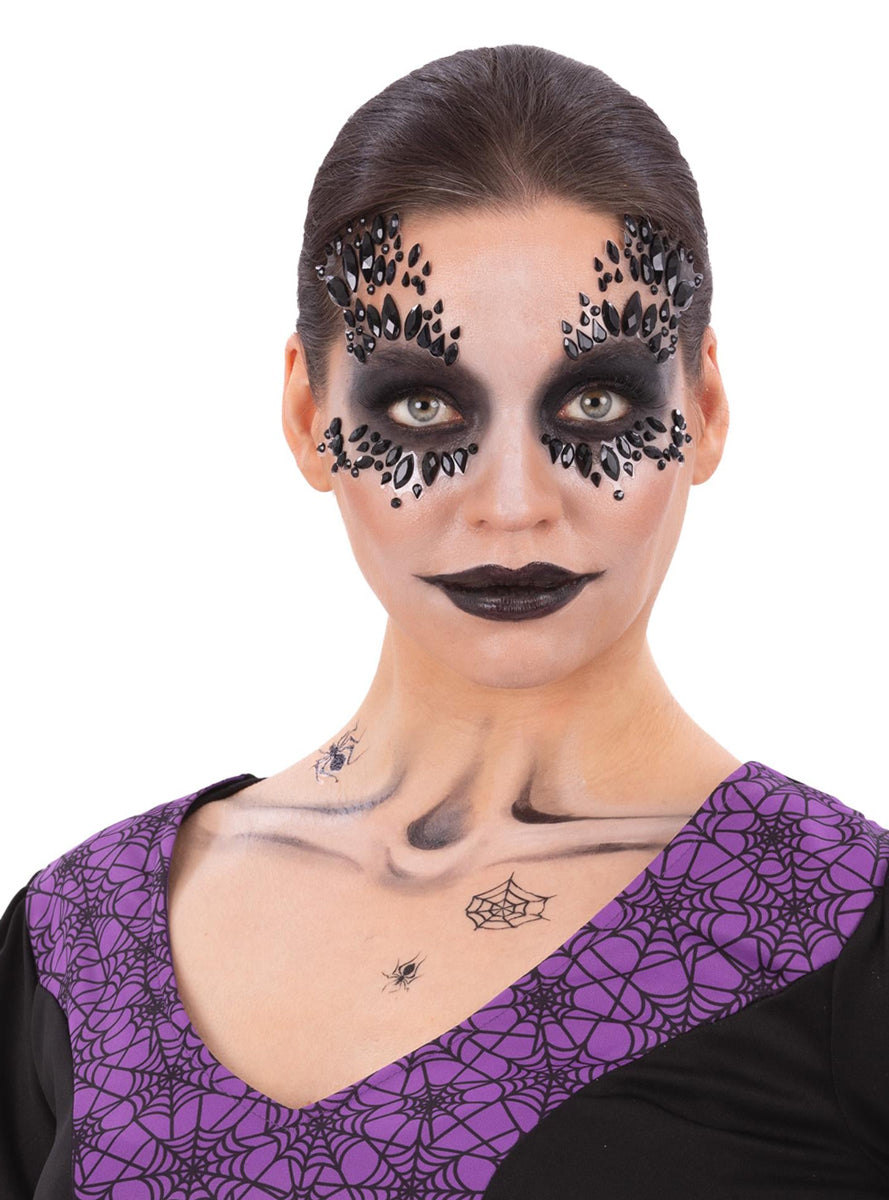 Black Widow Spider Halloween Face Jewels and Tattoos - Main Image