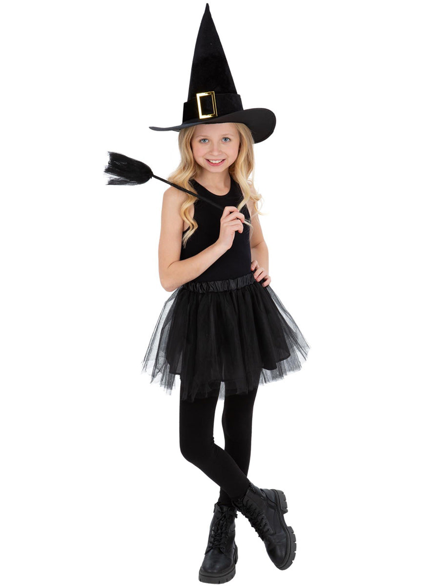 Black Witch Girls Tutu Broom And Hat Costume Accessory Set - Alternative Image