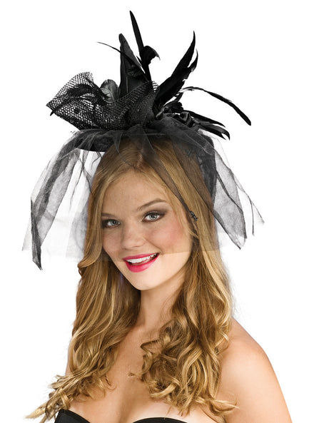 Womens Black Witch Mini Top Hat With Feathers - Main Image