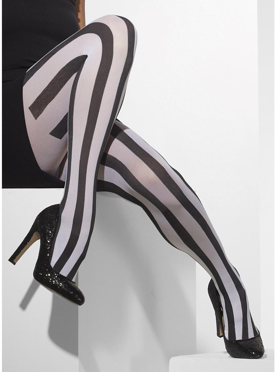 Opaque Black and White Striped Stockings - Alternate Image