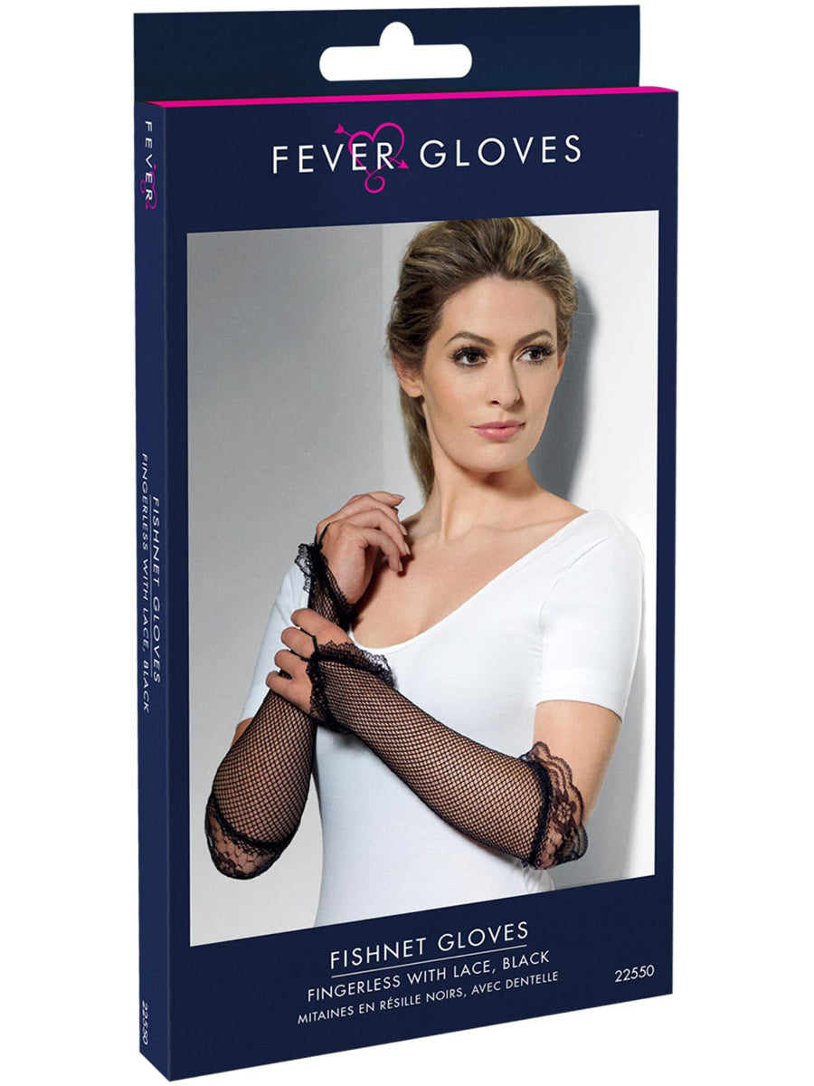Fishnet Black Lace Trim Costume Gloves - Packaging Image