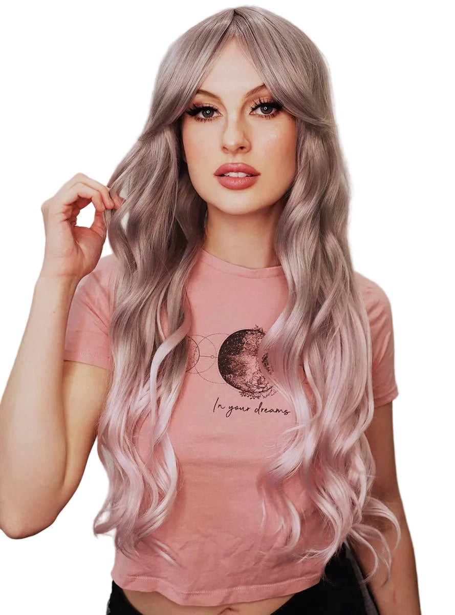 Blaire Womens Deluxe Silver Grey Wavy Fashion Wig with Light Pink Ends - Main Image