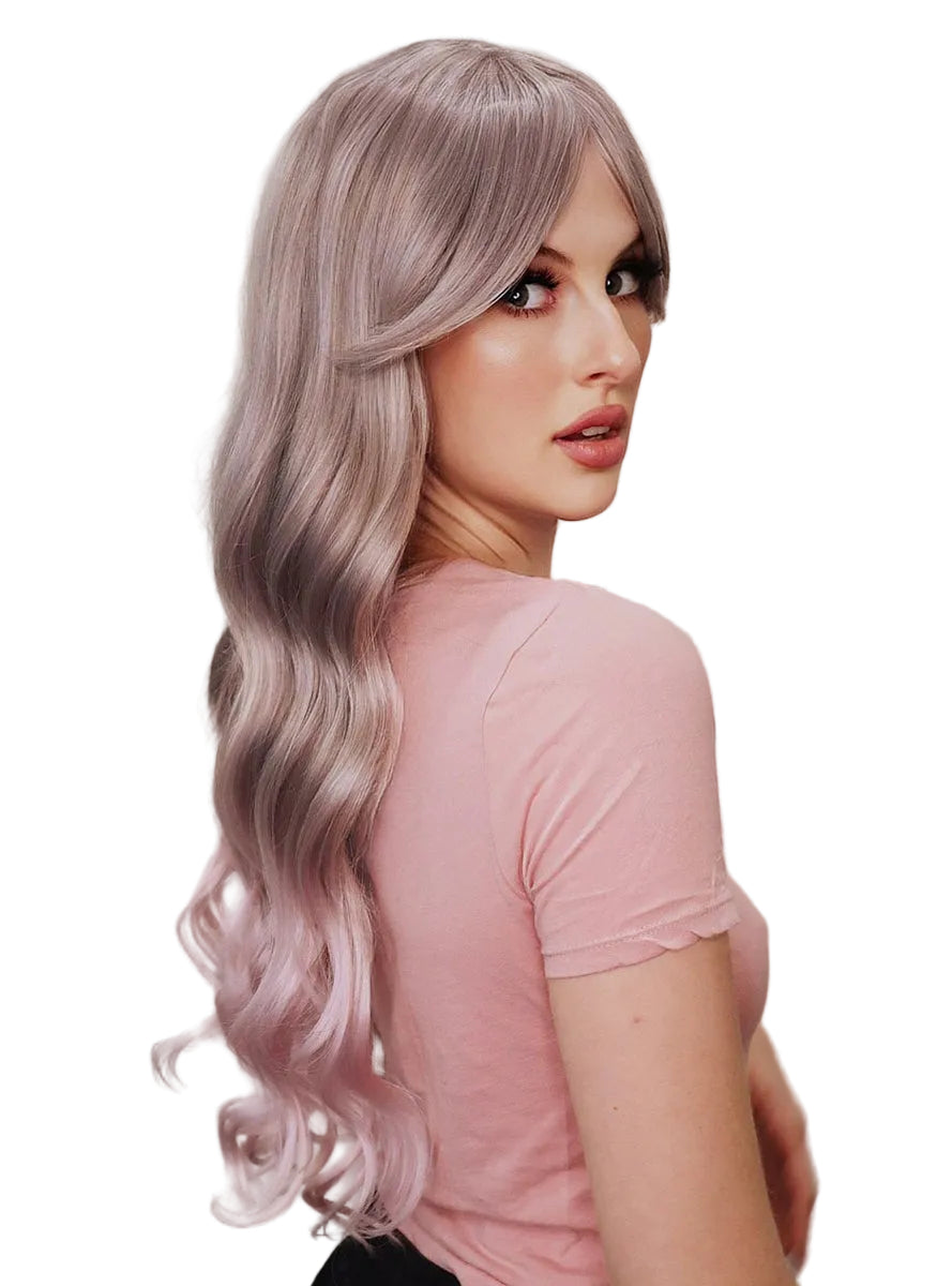 Blaire Womens Deluxe Silver Grey Wavy Fashion Wig with Light Pink Ends - Side Image