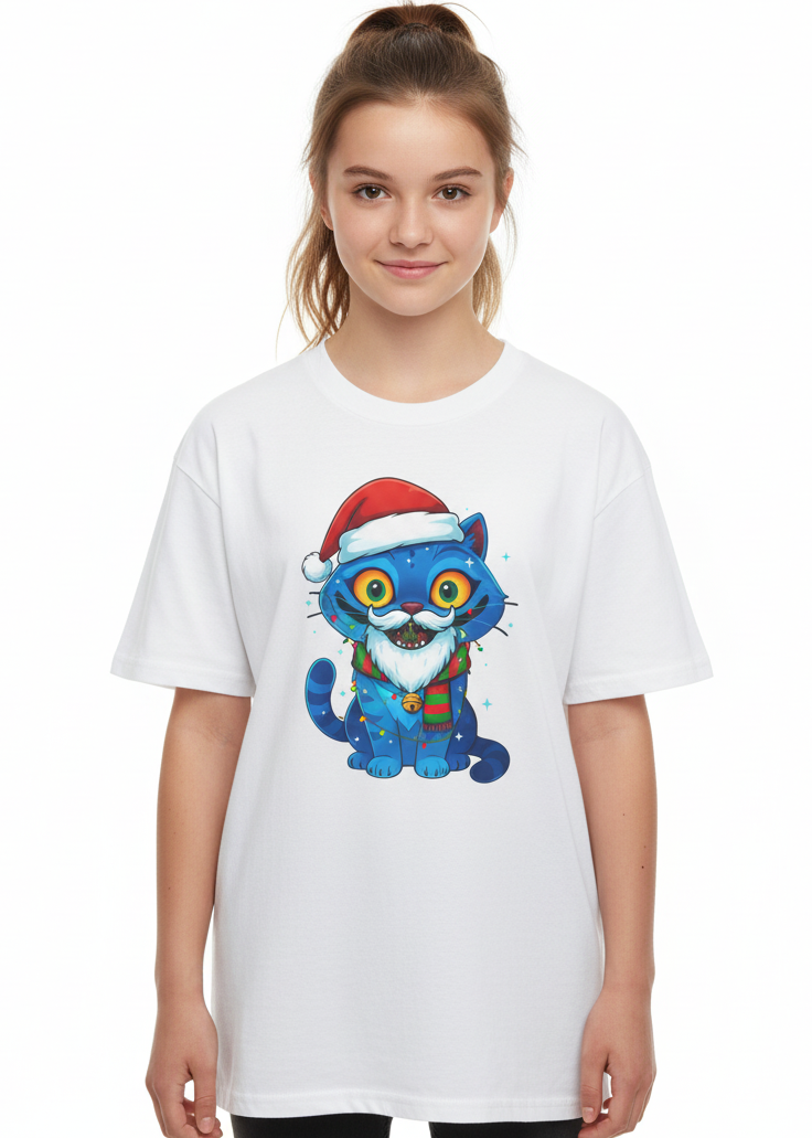 Teens White T-Shirt with Blue Christmas Demon Cat KPop Demon Hunters Print Main image