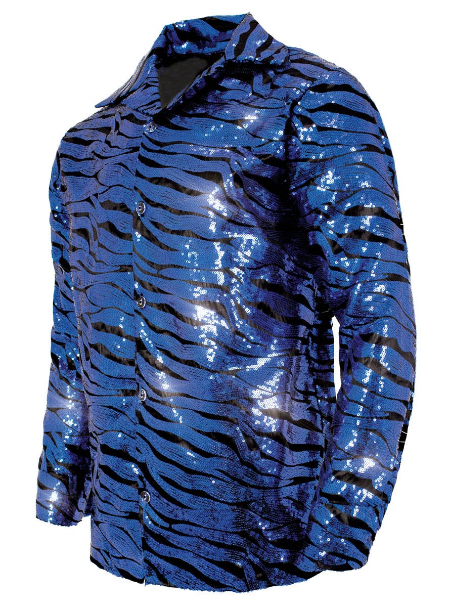 Men's Blue Sequinned 1970s Tiger King Disco Shirt - Side Image