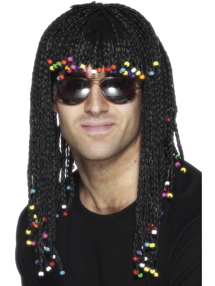 Mens Black Braids Costume Wig with Beads