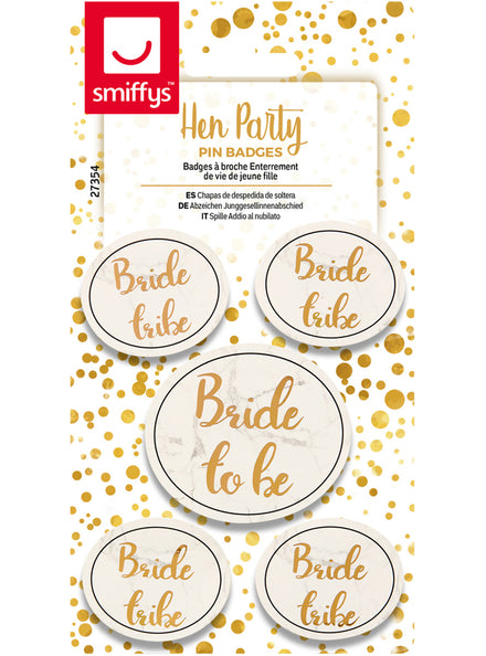 Gold Hen Party 5 Pack Bride To be And Bride Tribe Badges - Main Image
