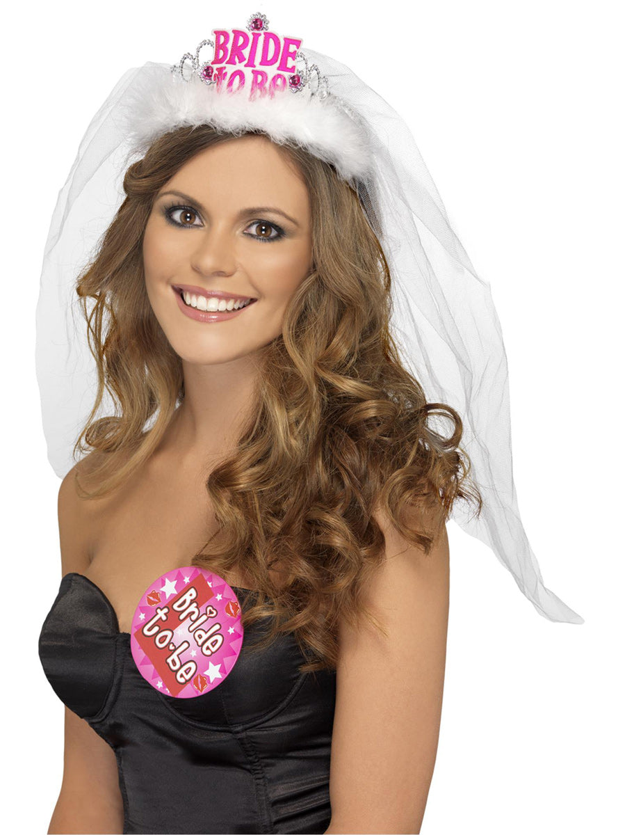 Pink And White Bride To Be Hens Night Tiara with Pink Veil - Main Image