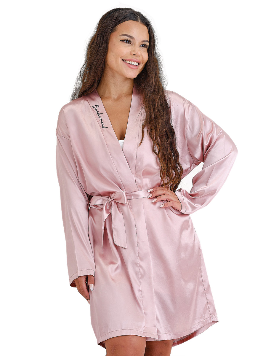 pink bridesmaids satin robe - front image
