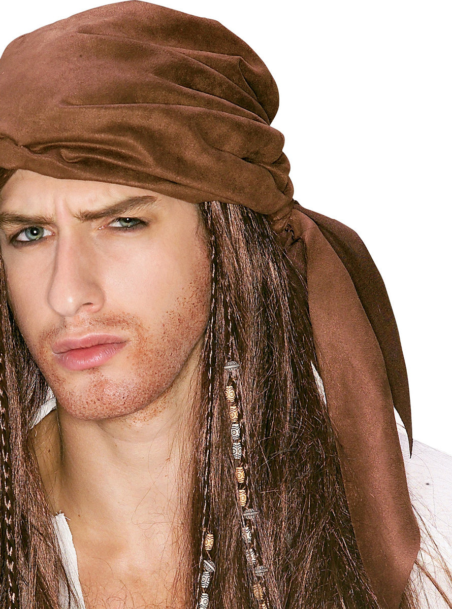 Mens Long Brown Pirate Costume Wig With Bandanna - Close Image 1