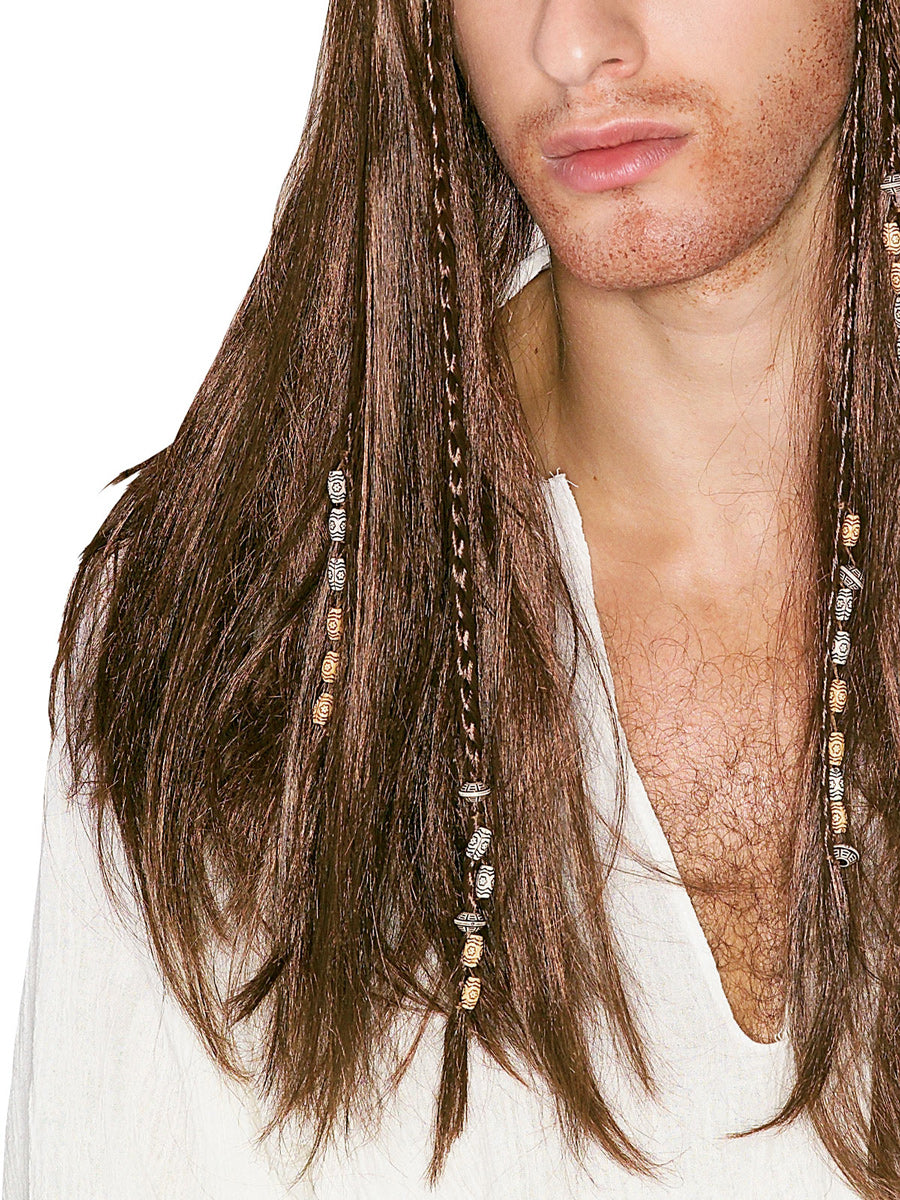 Mens Long Brown Pirate Costume Wig With Bandanna - Close Image 2