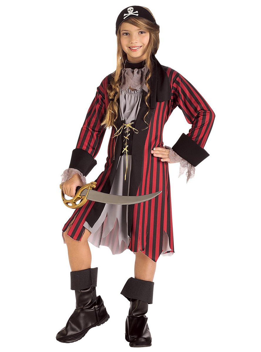 Striped Red and Black Caribbean Princess Pirate Costume for Girls - Main Image
