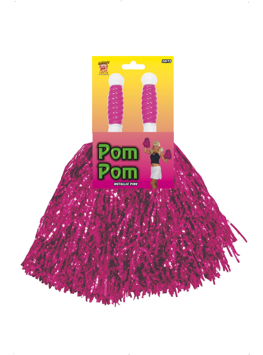 Pack of 2 Metallic Pink Cheerleader Pom Poms - Packaging Image