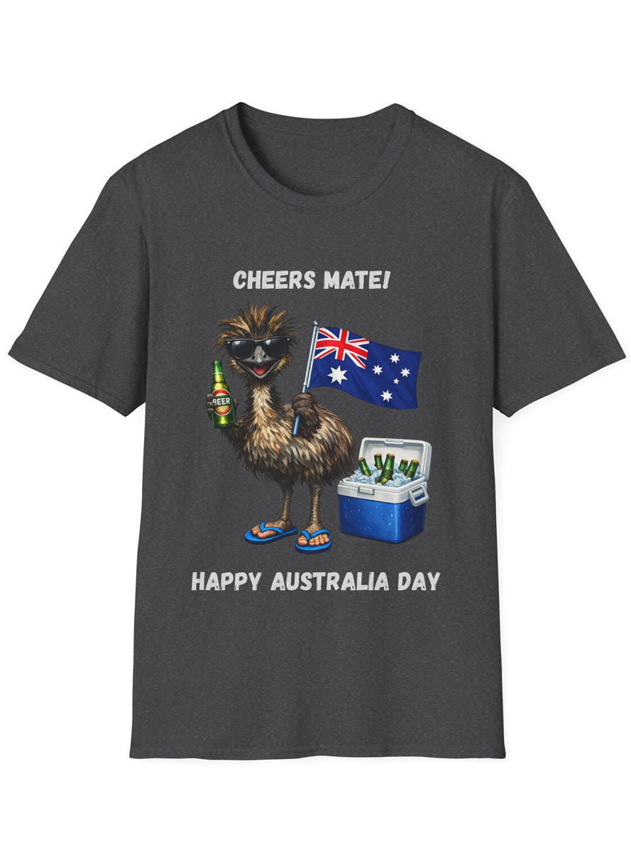 Adults Charcoal T-Shirt with Cheers Mate Australia Day Emu Print