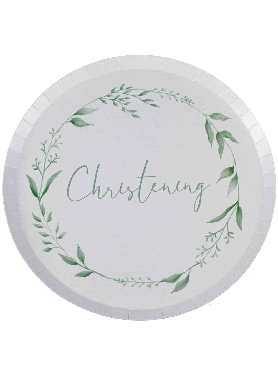 Christening Botanical White and Green 8 Pack Paper Plates – Main Image