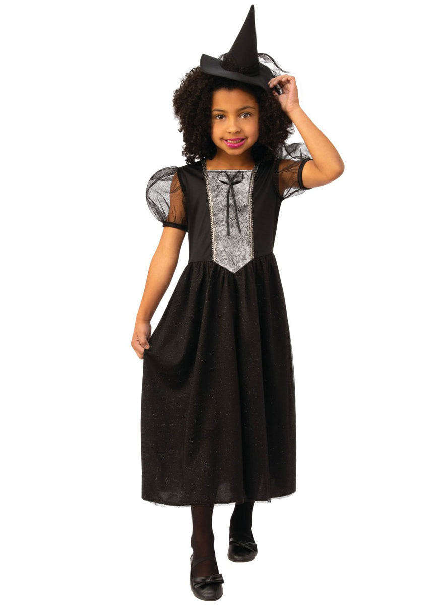 Classic Halloween Girls Black and Silver Witch Costume - Main Image