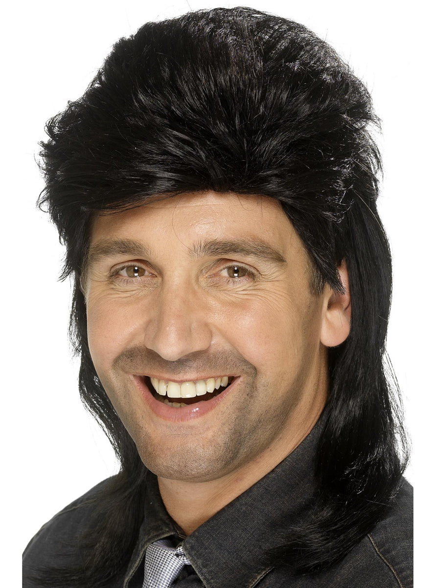 Mens Black 80s Mullet Costume Wig