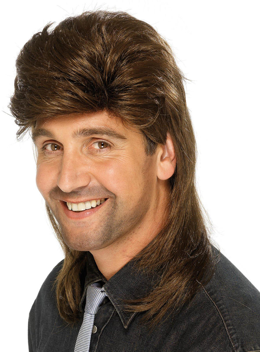 Mens Brown 80s Mullet Costume Wig