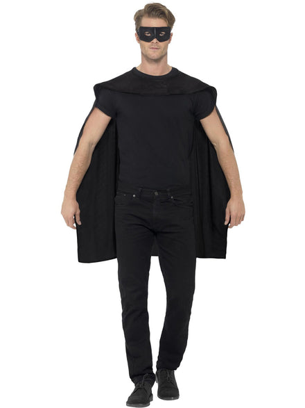 Mens Black Superhero Costume Cape And Mask Set - Main Image