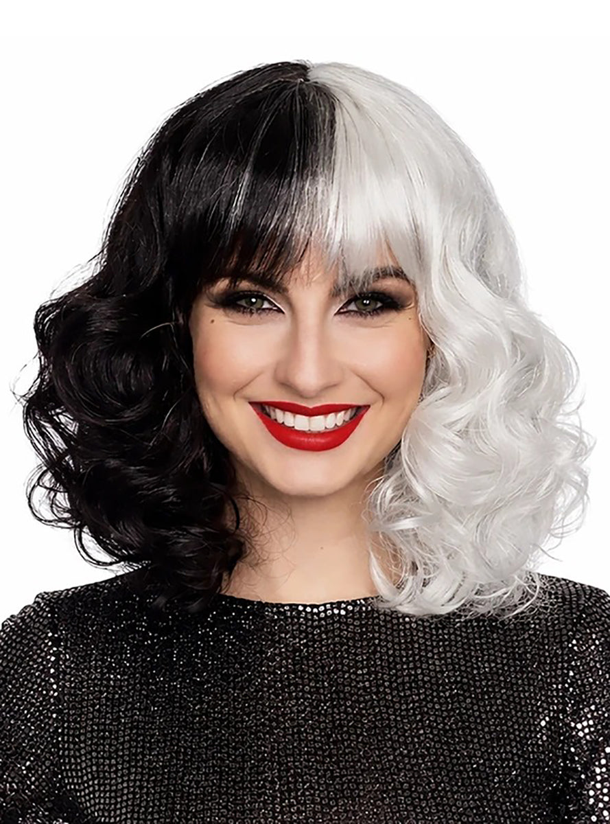Cruel Diva Womens Black and White Curly Costume Wig