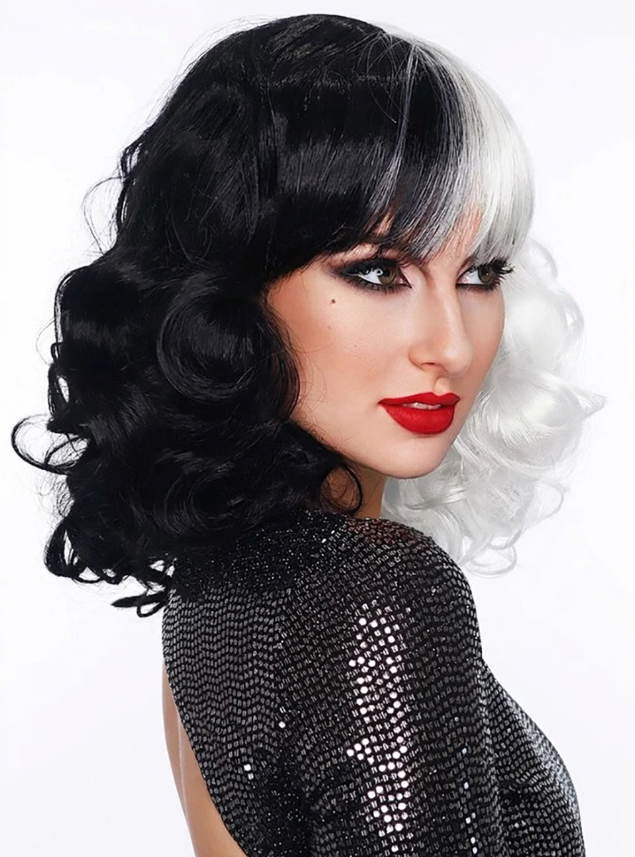 Cruel Diva Womens Black and White Curly Costume Wig