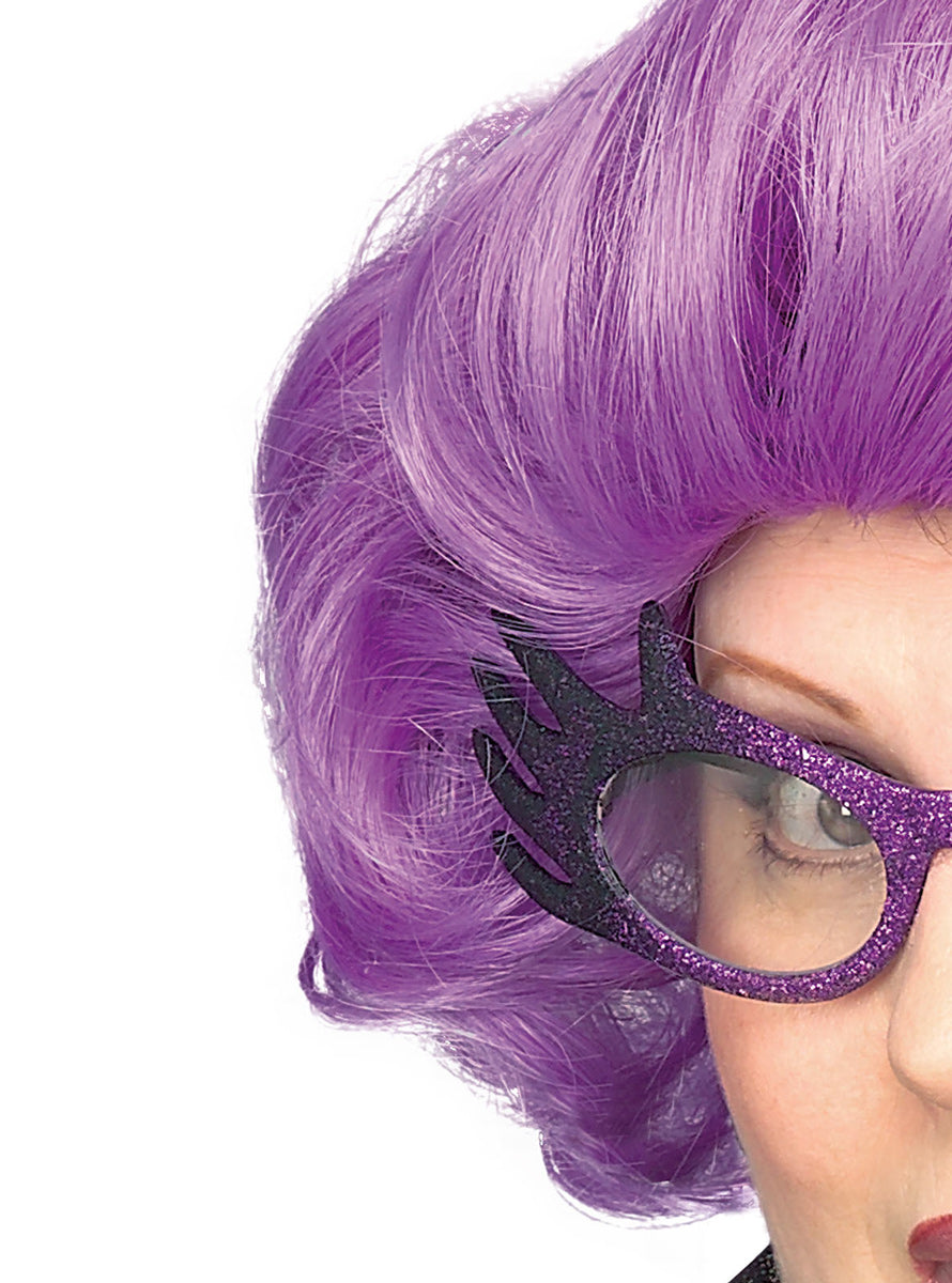 Adults Purple Dame Edna Short Curly Costume Wig - Close Image 2