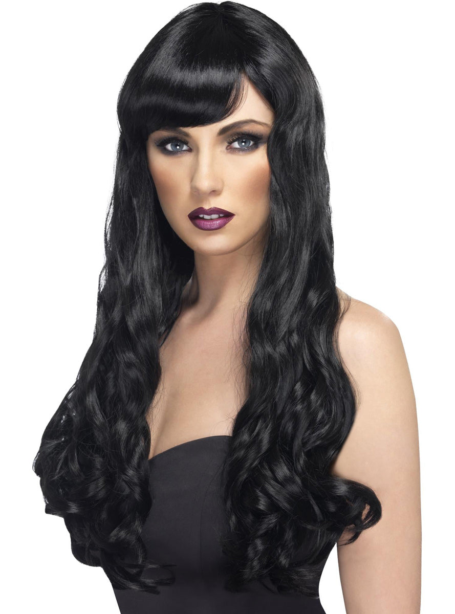Womens Long Black Curly Costume Wig With Side Fringe - Main Image