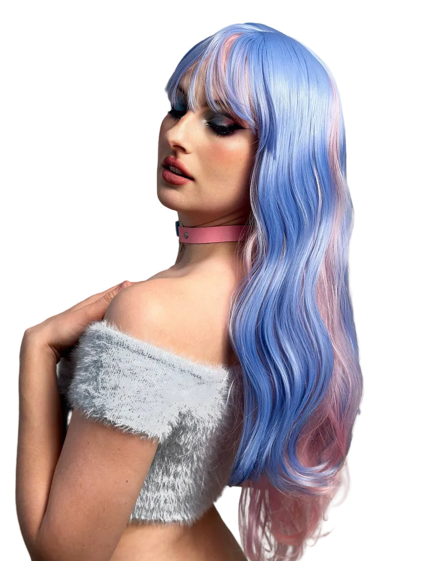 Destiny Womens Long Pastel Pink and Blue Wavy Fashion Wig - Side Image
