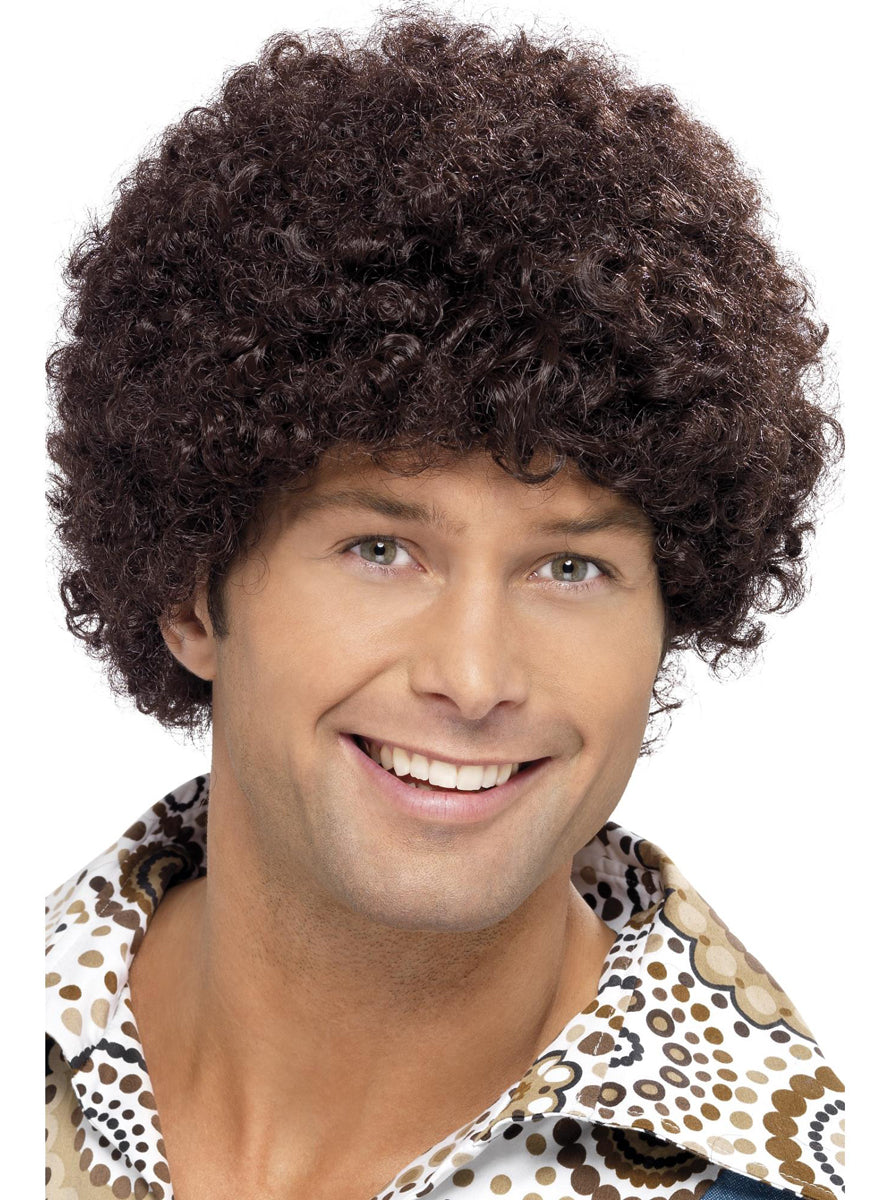 Mens Brown 70s Disco Afro Costume Wig - Main Image
