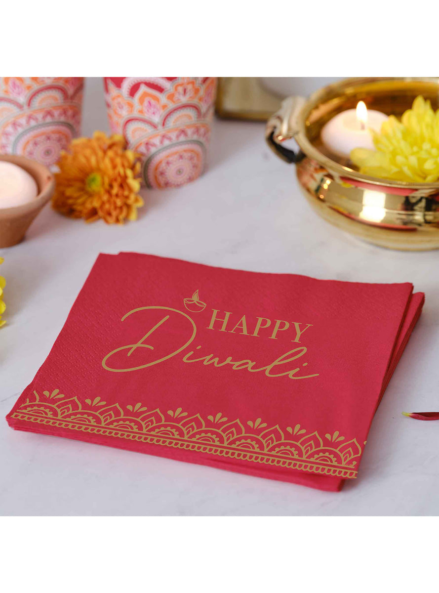 Diwali 16 Pack Red 16cm Beverage Napkins – Lifestyle Image