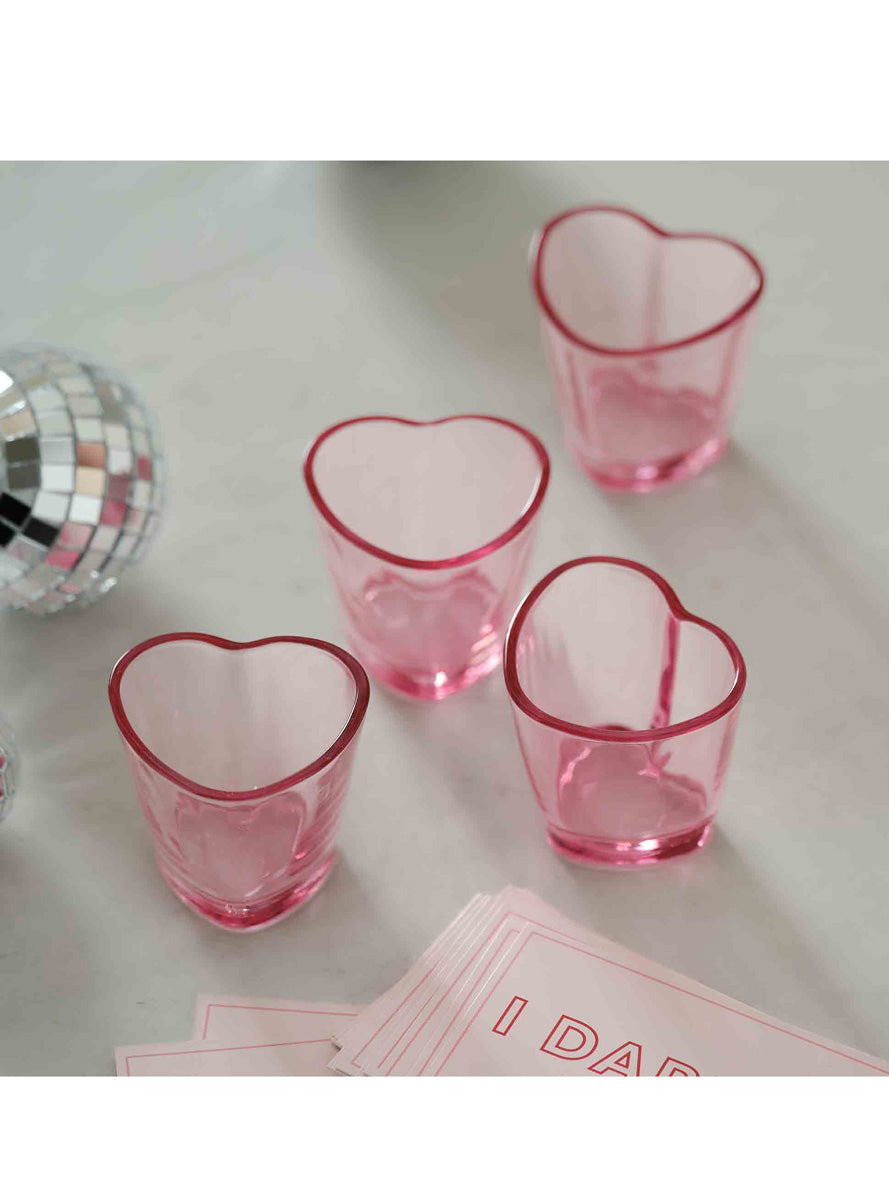 Drunk in Love Hens Night 4 Pack Pink Heart Shot Glasses – Lifestyle Image