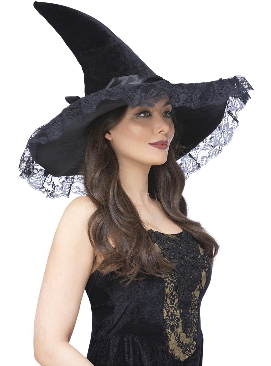 Black Lace Trim Womens Enchantress Witch Hat - Main Image