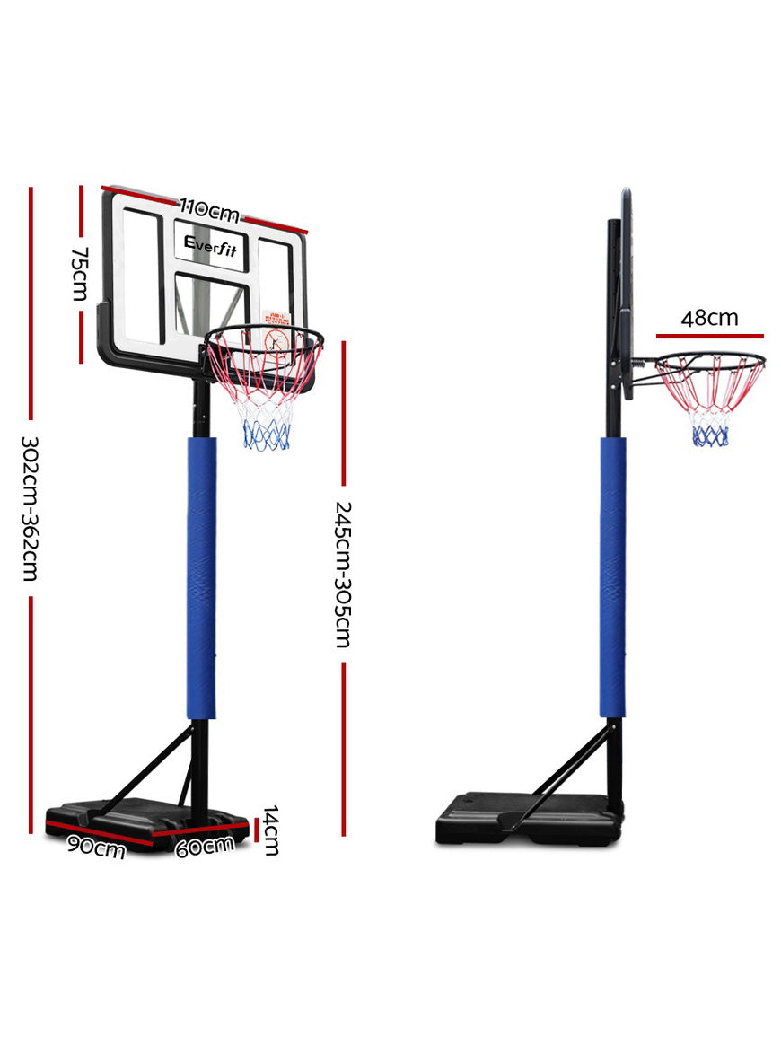 Everfit 305cm Pro Basketball Hoop With Adjustable Stand And Blue Details And Padding Dimensions Image