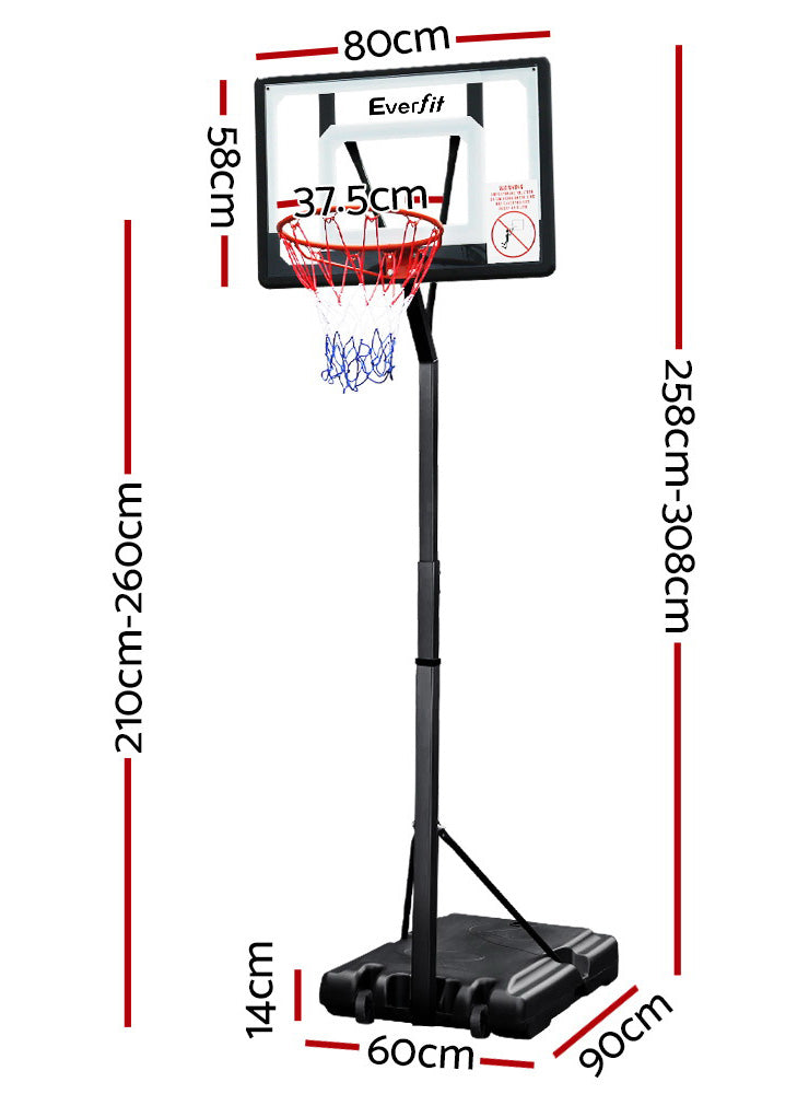Everfit 260cm Pro Basketball Hoop With Adjustable Stand And Square Backboard With Clear And White Details Dimensions Image